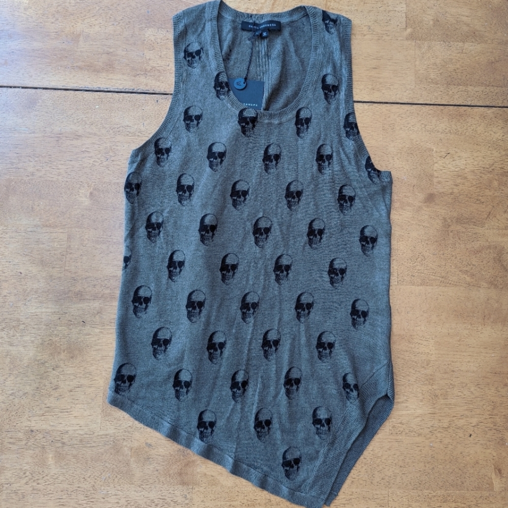 SKULL CASHMERE Sz L large  Green with Black Skulls Tank top NWT
